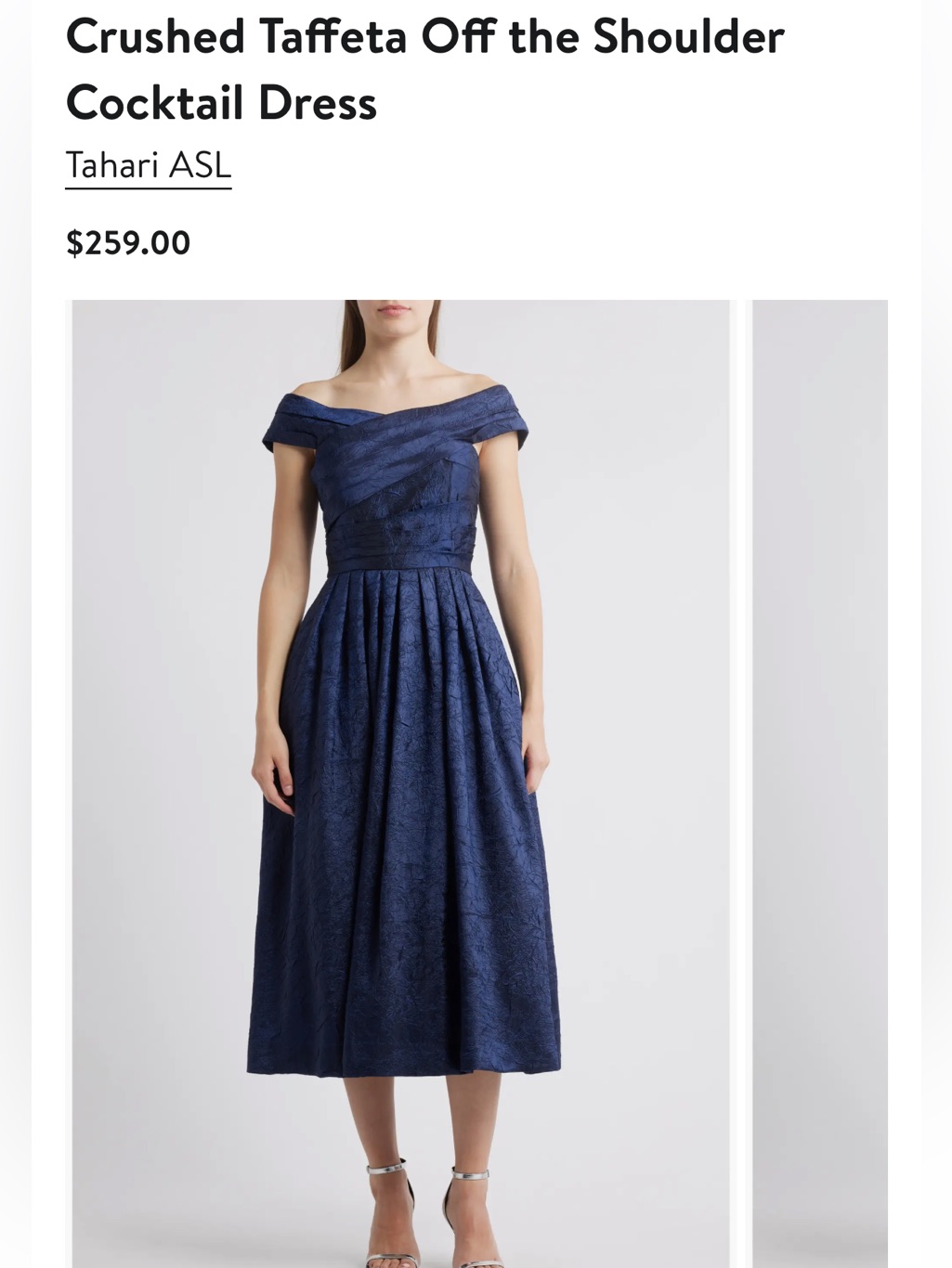 Tahari Asl Crushed Taffeta Off The Shoulder Cocktail Dress Navy Sz 8
